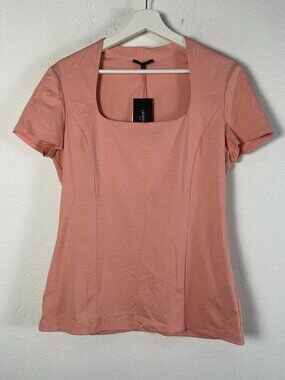 Lafayette 148 New York Women Square Neck Short Sleeve Top Large Pink Stretch New